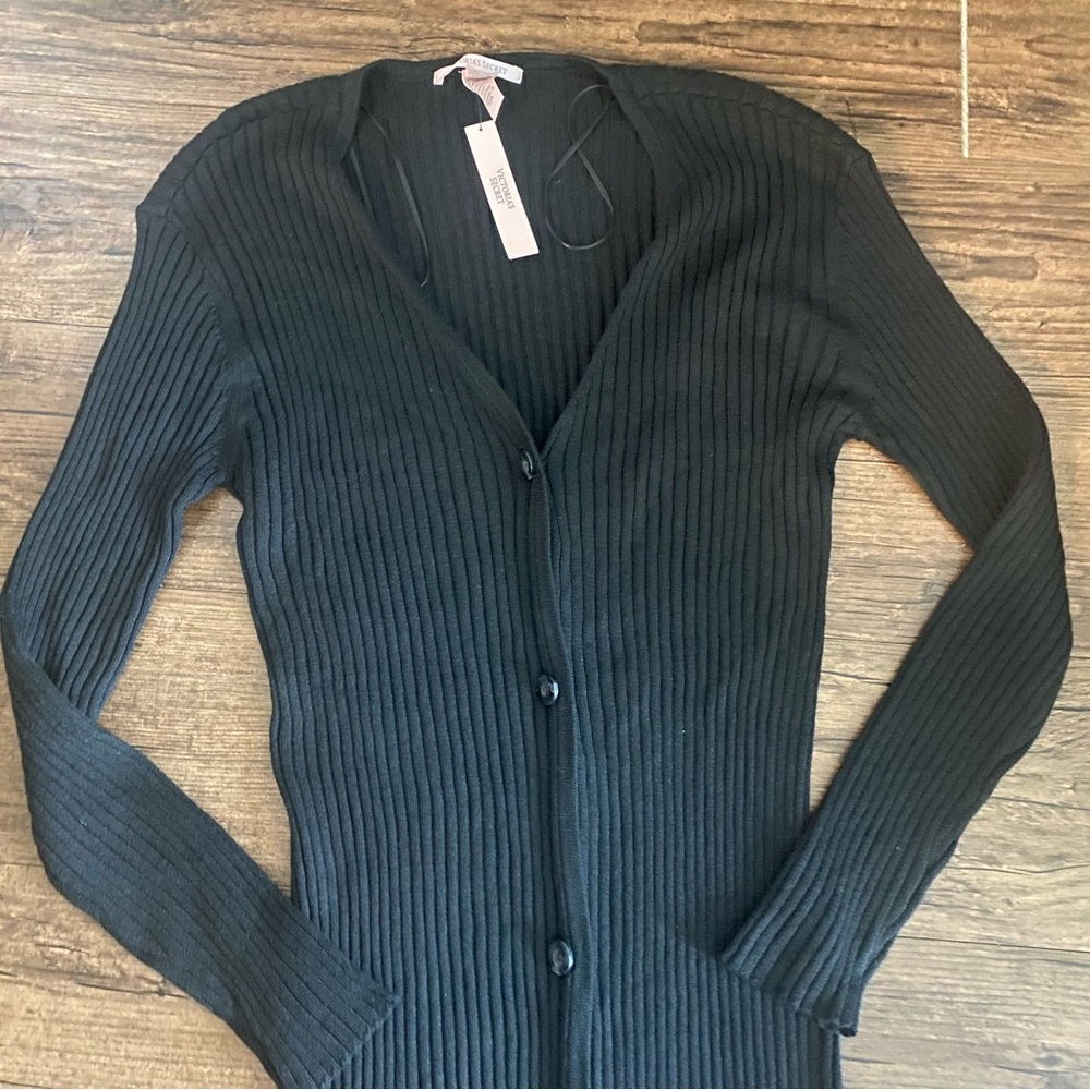 Victoria's Secret Black Ribbed Button-Front Long Sleeve Midi Dress - Picture 6 of 9